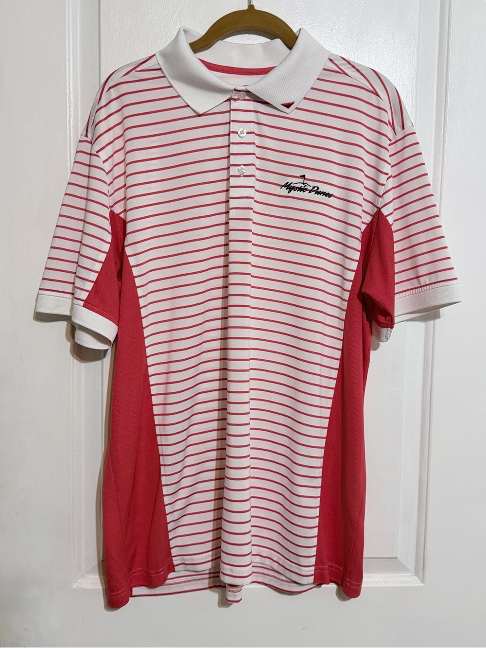 Ahead Extreme  White Polo Golf  with Red Stripe Trim Large Mystic Dunes